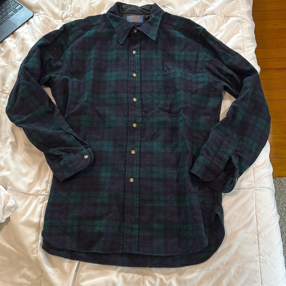 Vintage Pendleton Flannel Button Front Shirt large Green and Blue virgin wool